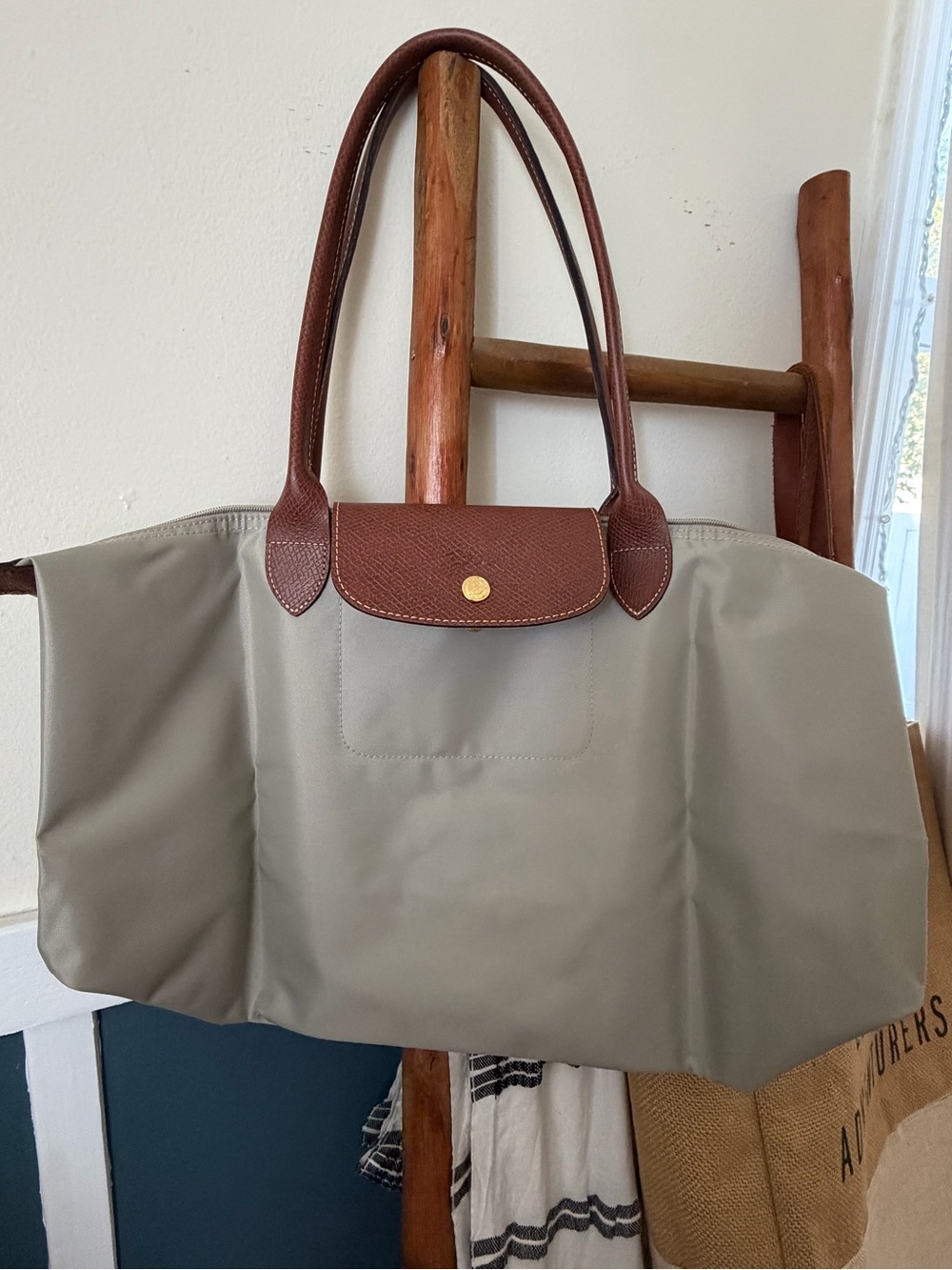 Longchamp Taupe Tote with Brown Leather Trim and Handles